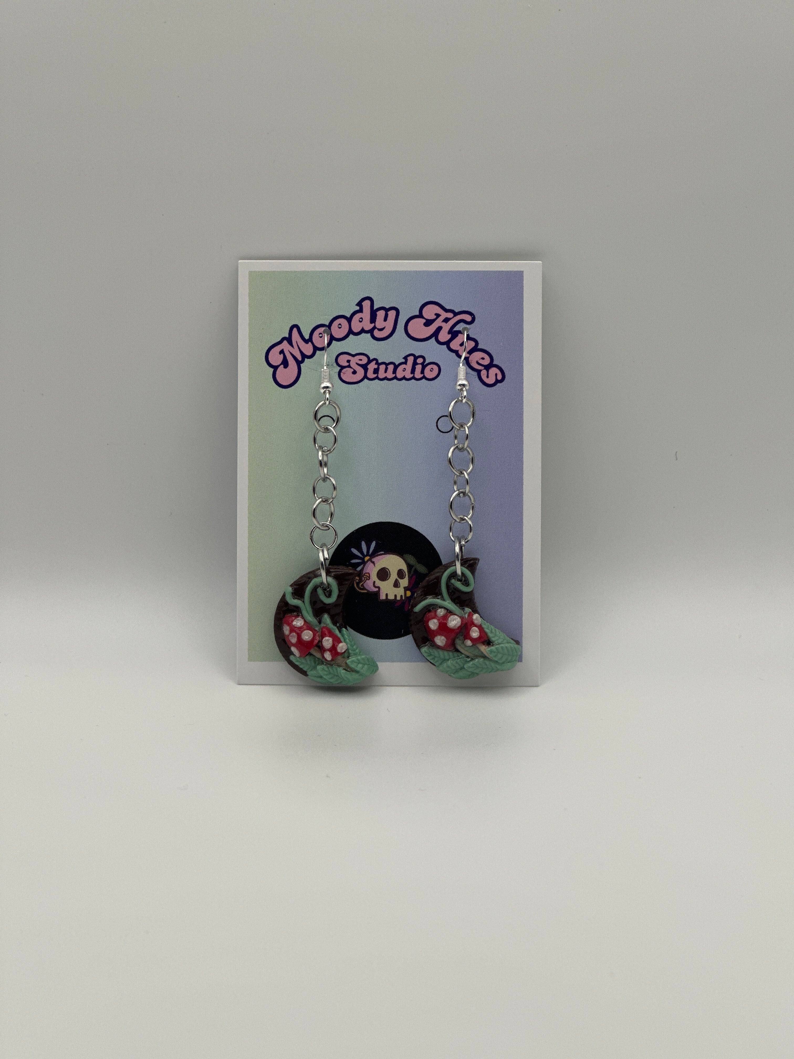 Faux Wood Moon with Mushroom Garden - Dangling Earrings